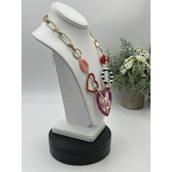 Betsey Johnson Modern Red Pink Mixed Heart & Bead Shapes Statement Necklace - Picture 6 of 16